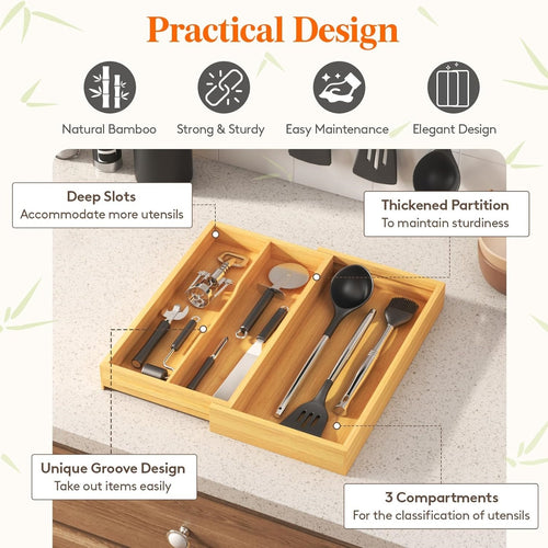 Expandable Bamboo Drawer Organizer, 22.6-40.1cm Adjustable Cutlery Tray for Kitchen Drawers
