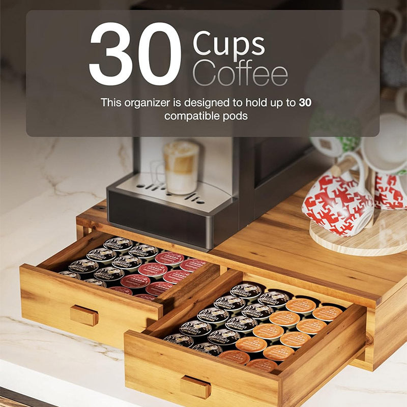 Acacia Wood Coffee Bar Organizer with Drawers, 38.9cm Kitchen Countertop Storage