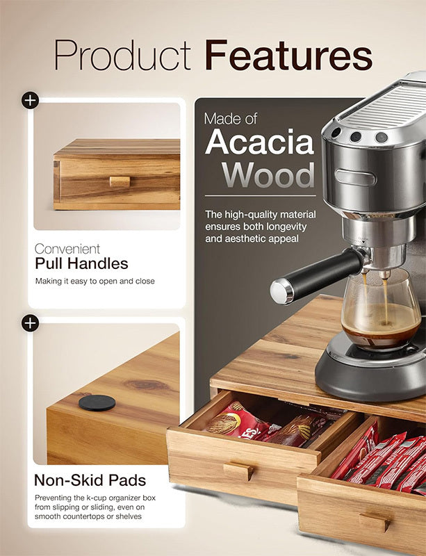 Acacia Wood Coffee Bar Organizer with Drawers, 38.9cm Kitchen Countertop Storage
