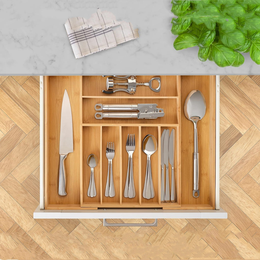 Bamboo Cutlery Tray, Expandable 33-53cm Kitchen Drawer Organizer for Utensils