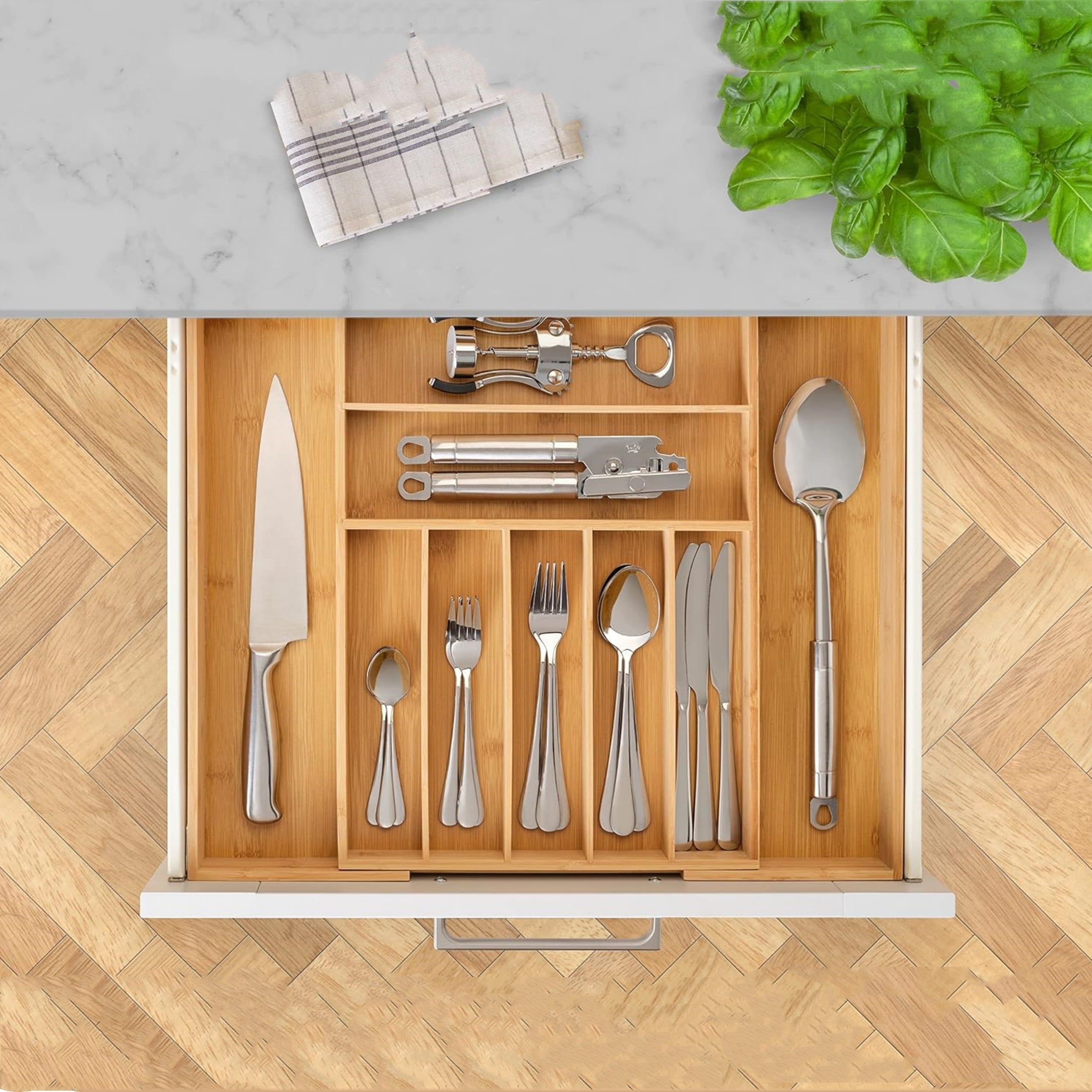 Bamboo Cutlery Tray, Expandable 33-53cm Kitchen Drawer Organizer for Utensils