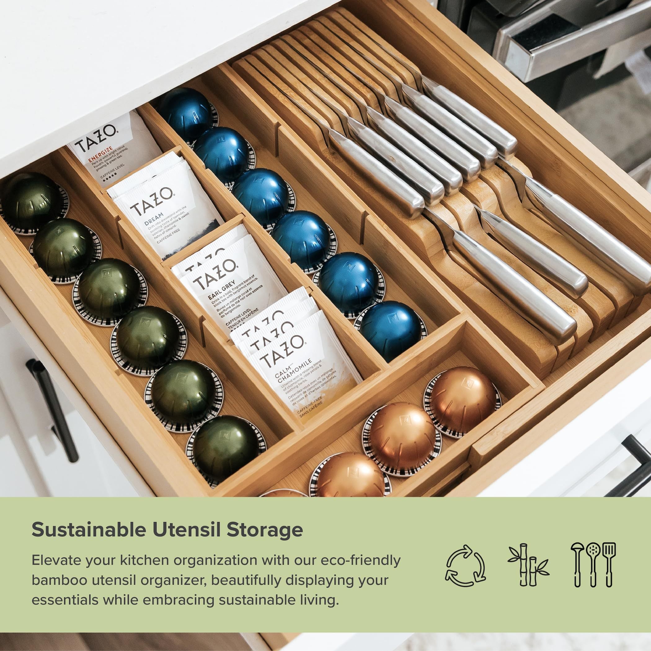 Bamboo Tea Bag & Coffee Pod Organizer, Expandable 24.1-43.2cm Kitchen Drawer Insert