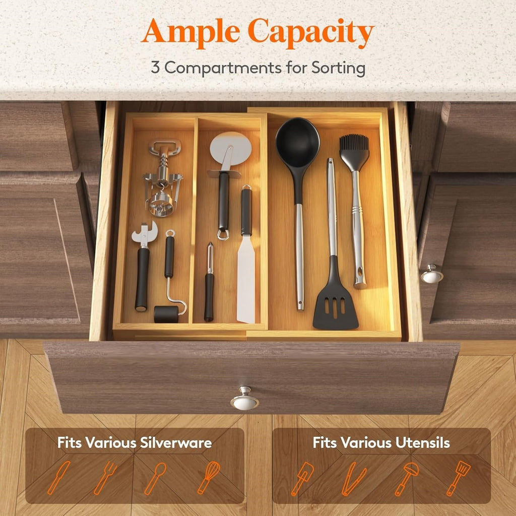 Expandable Bamboo Drawer Organizer, 22.6-40.1cm Adjustable Cutlery Tray for Kitchen Drawers