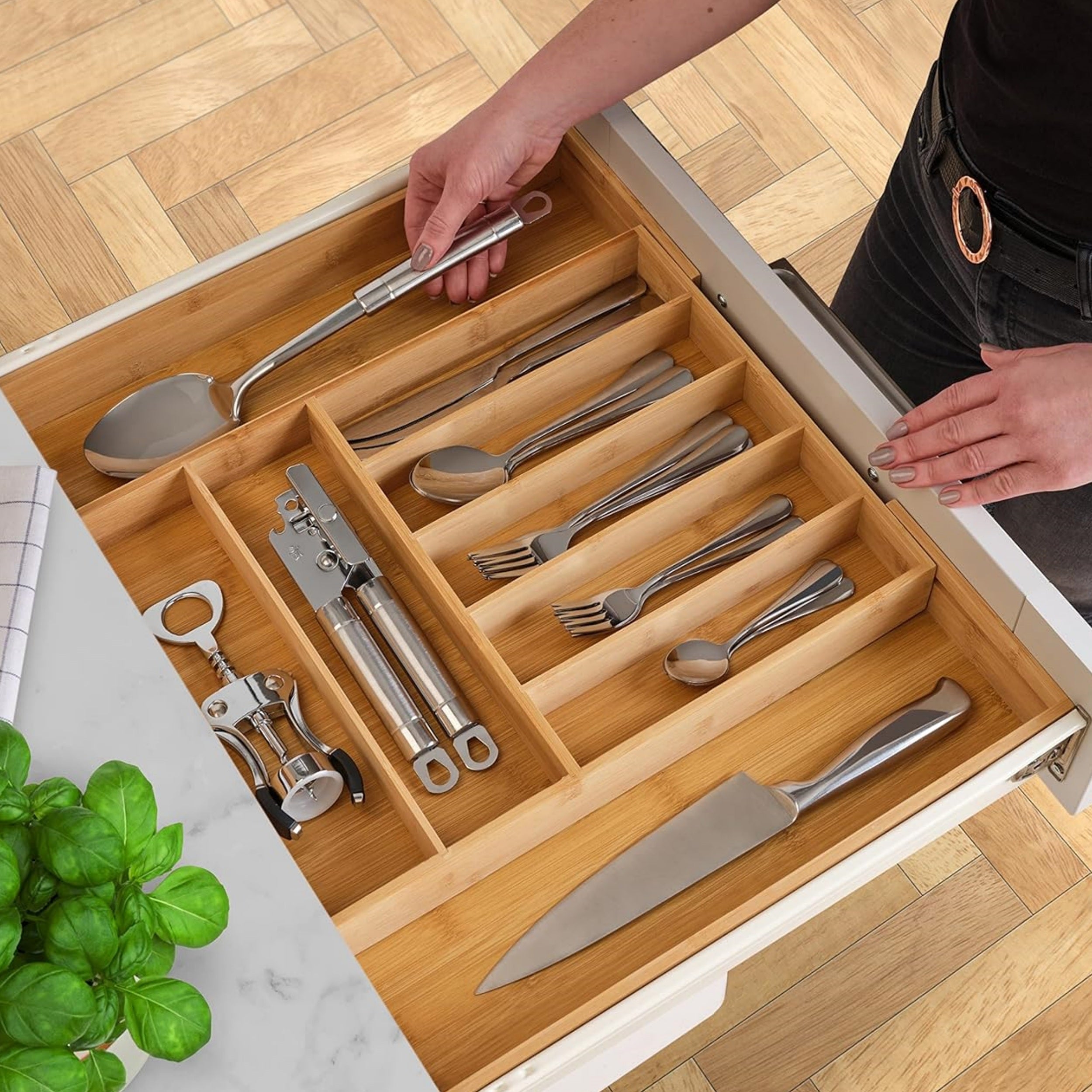 Bamboo Cutlery Tray, Expandable 33-53cm Kitchen Drawer Organizer for Utensils