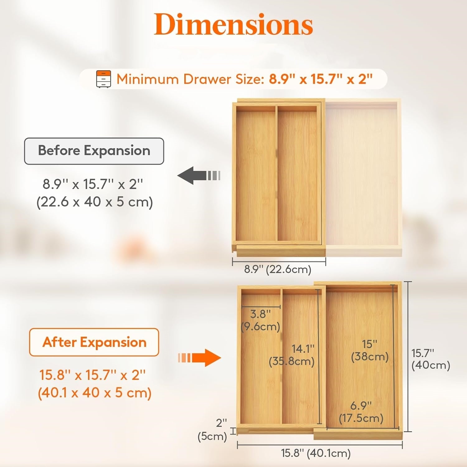 Expandable Bamboo Drawer Organizer, 22.6-40.1cm Adjustable Cutlery Tray for Kitchen Drawers