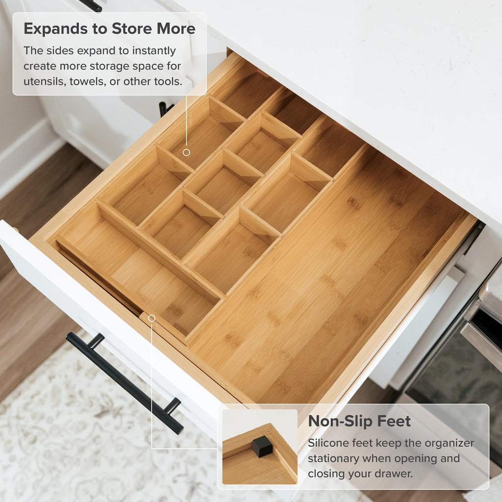 Bamboo Tea Bag & Coffee Pod Organizer, Expandable 24.1-43.2cm Kitchen Drawer Insert
