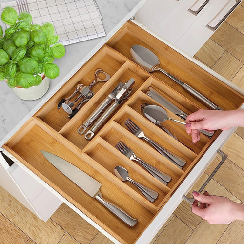 Bamboo Cutlery Tray, Expandable 33-53cm Kitchen Drawer Organizer for Utensils