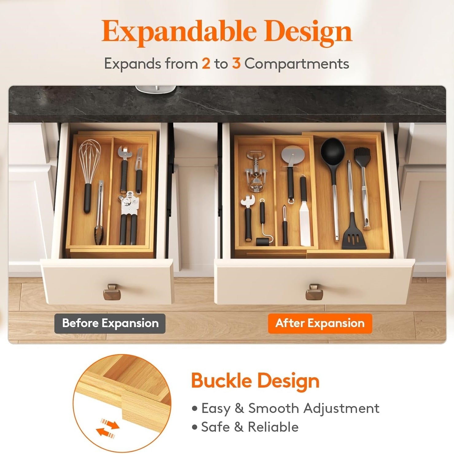 Expandable Bamboo Drawer Organizer, 22.6-40.1cm Adjustable Cutlery Tray for Kitchen Drawers
