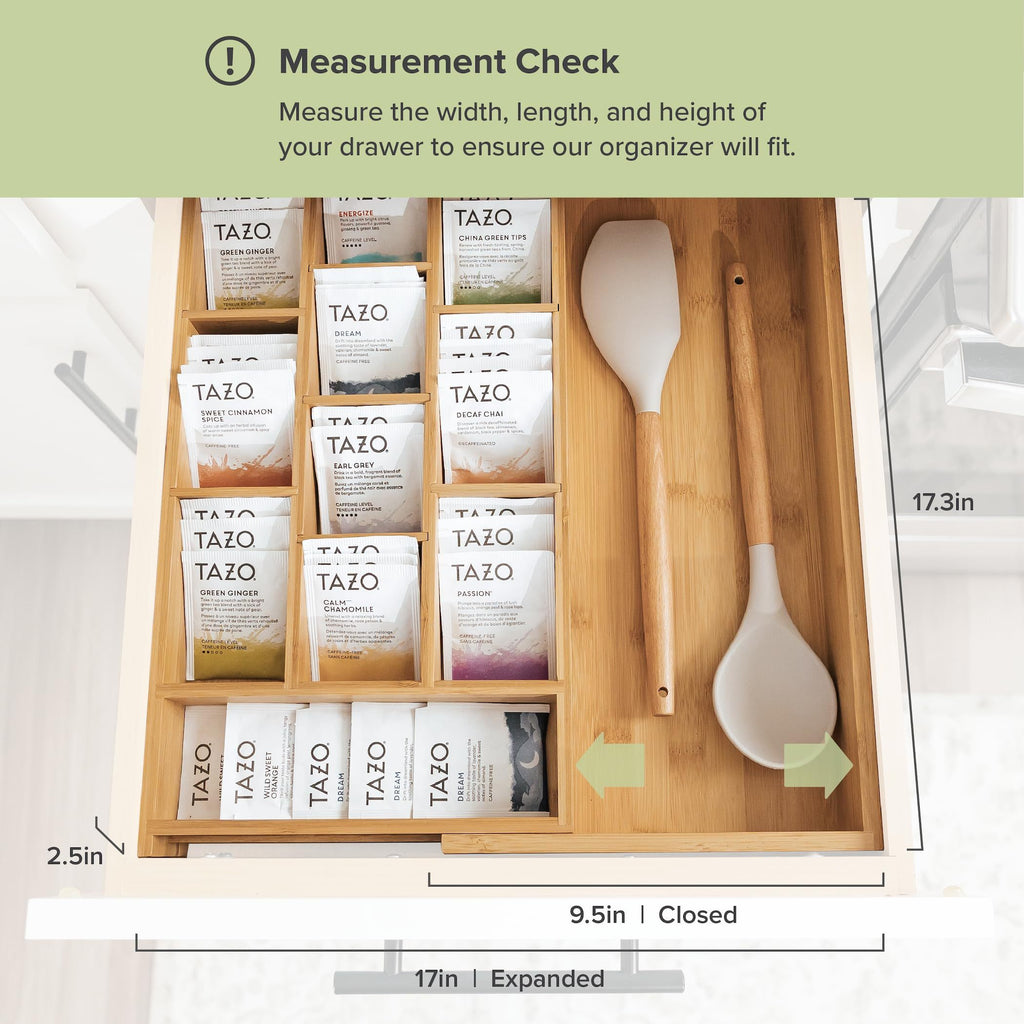 Bamboo Tea Bag & Coffee Pod Organizer, Expandable 24.1-43.2cm Kitchen Drawer Insert