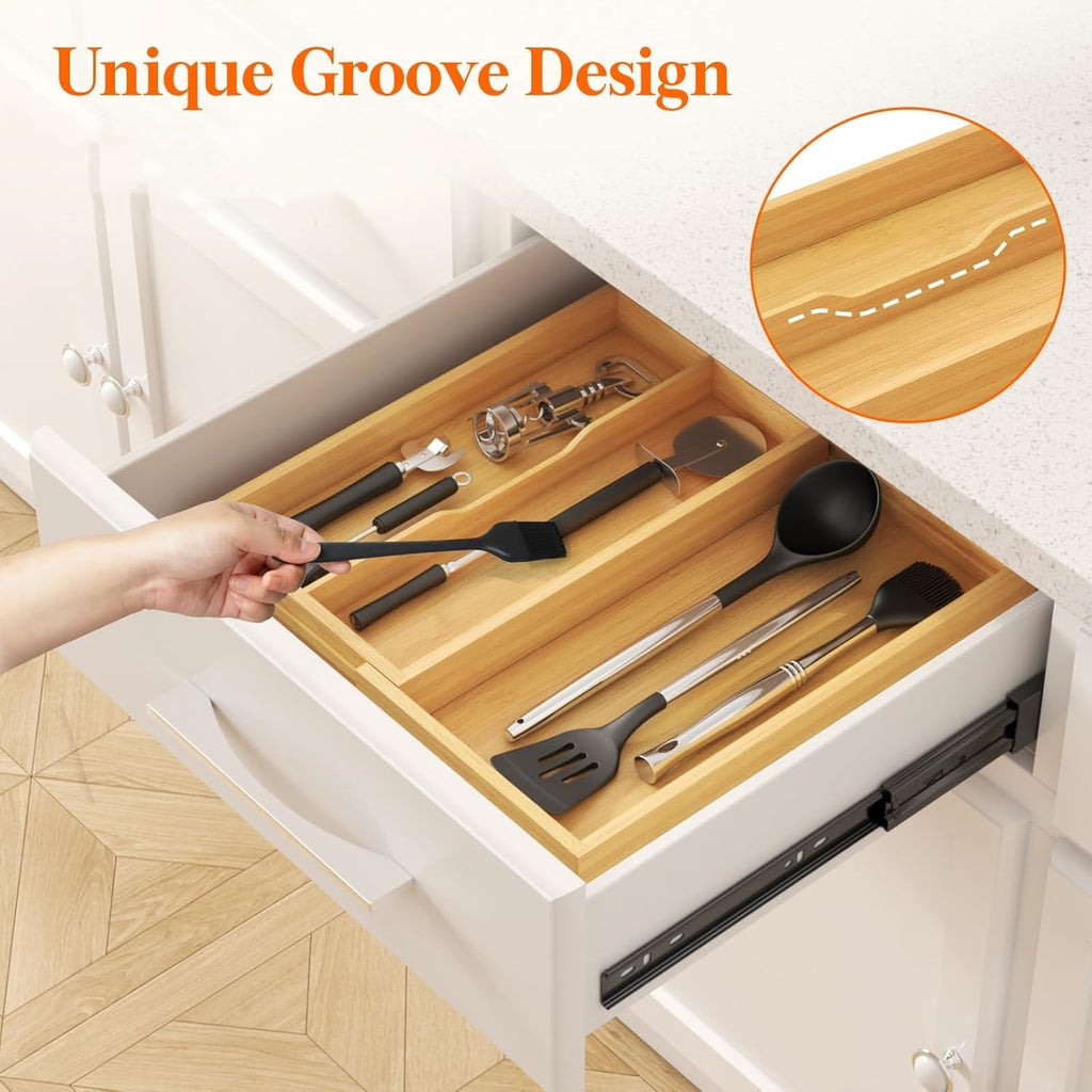 Expandable Bamboo Drawer Organizer, 22.6-40.1cm Adjustable Cutlery Tray for Kitchen Drawers