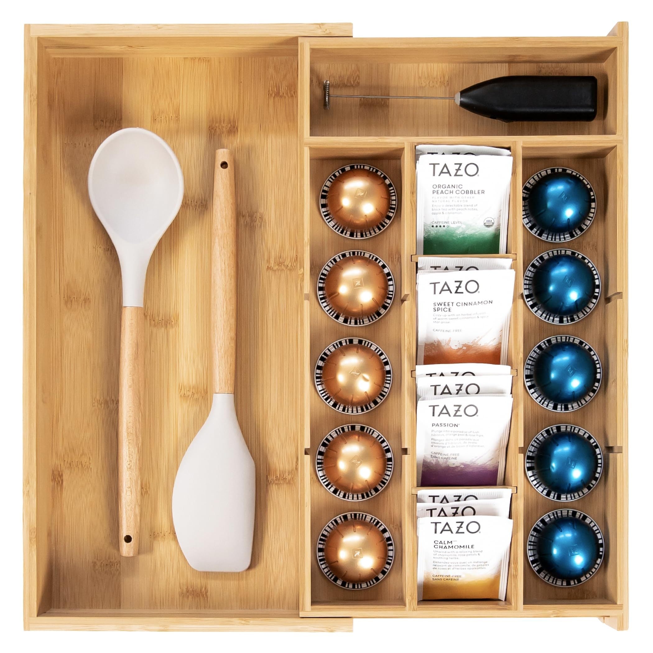 Bamboo Tea Bag & Coffee Pod Organizer, Expandable 24.1-43.2cm Kitchen Drawer Insert