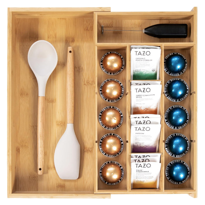 Bamboo Tea Bag & Coffee Pod Organizer, Expandable 24.1-43.2cm Kitchen Drawer Insert