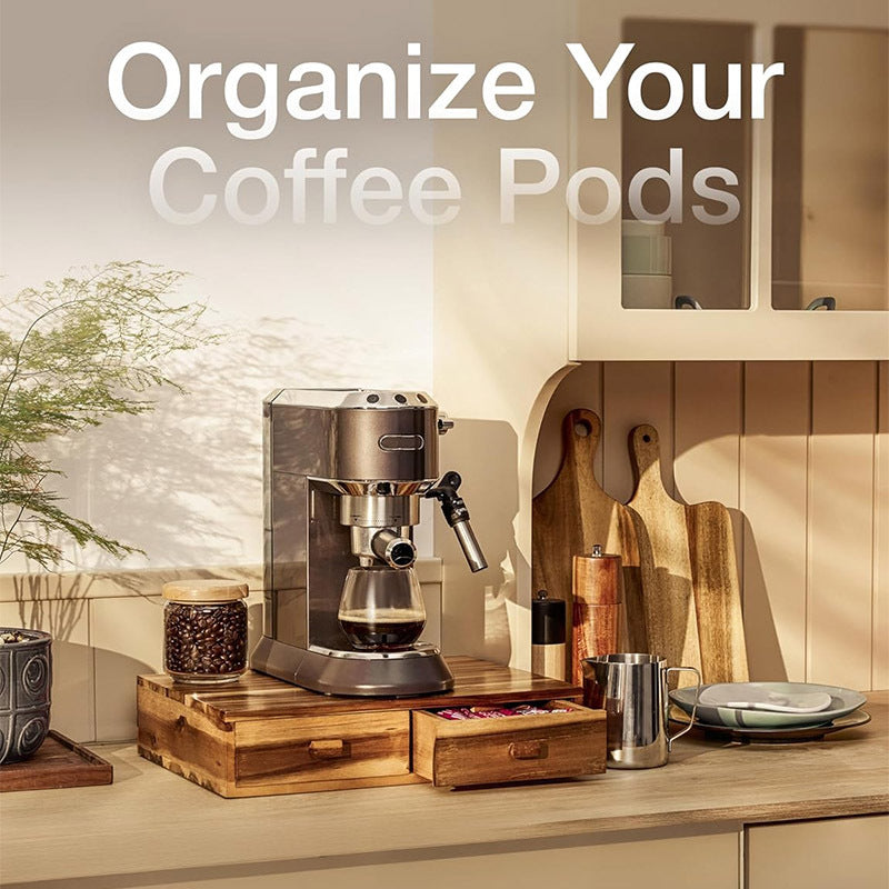 Acacia Wood Coffee Bar Organizer with Drawers, 38.9cm Kitchen Countertop Storage