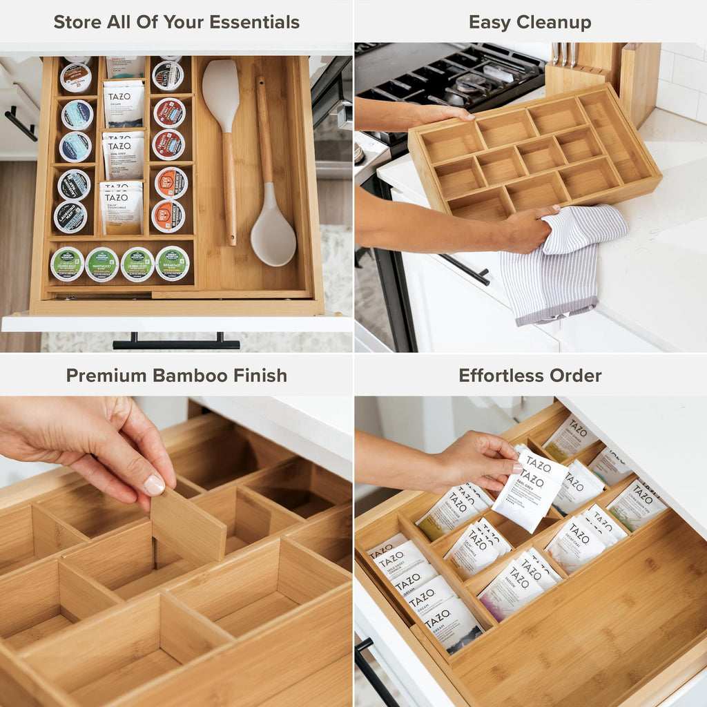 Bamboo Tea Bag & Coffee Pod Organizer, Expandable 24.1-43.2cm Kitchen Drawer Insert