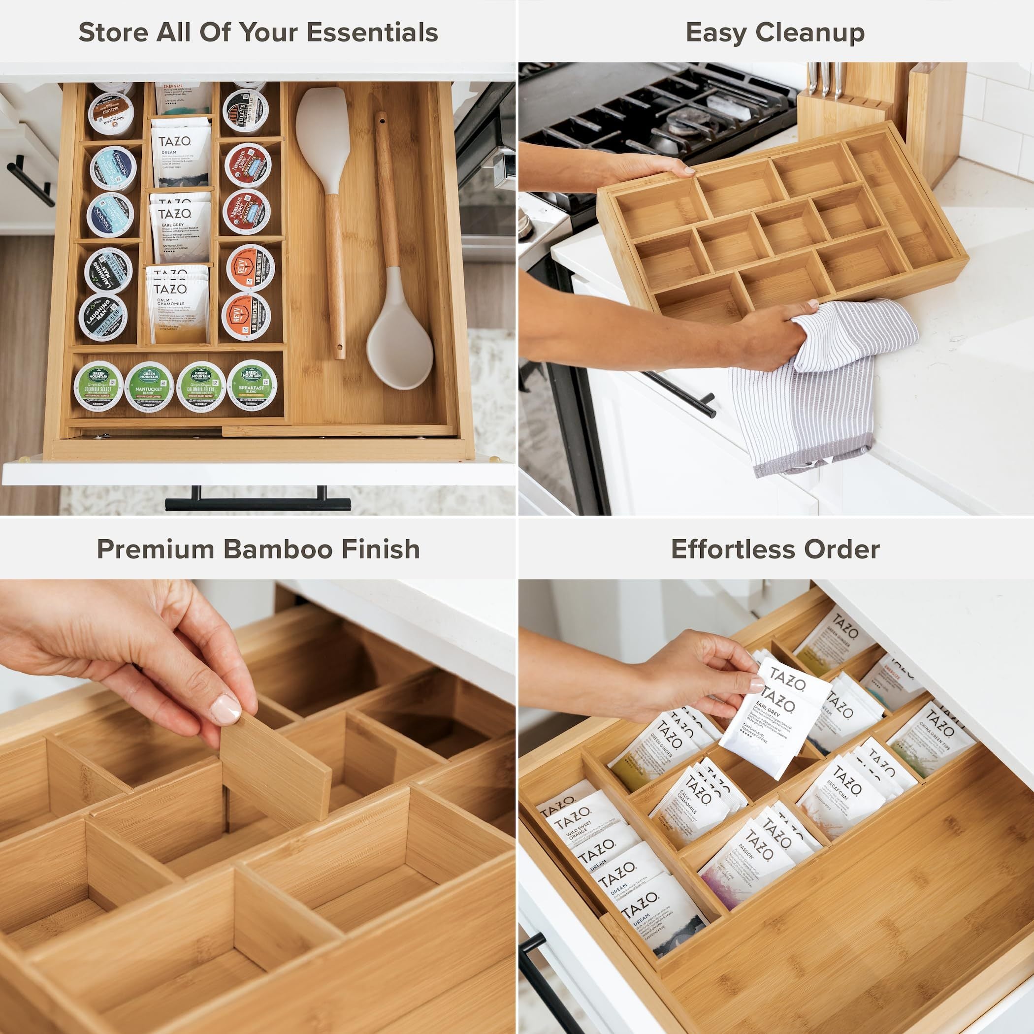 Bamboo Tea Bag & Coffee Pod Organizer, Expandable 24.1-43.2cm Kitchen Drawer Insert